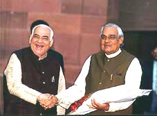 Prime Minster Atal Behari Vajpayee being received by Parliamentary Affairs Minsiter Madan Lala Khurana at Parliament House