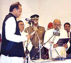Rajasthan Congress president Ashok Gehlot being sworn in.