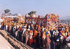 The Khalsa March being taken out at Anandpur Sahib on Saturday. 