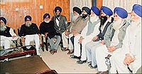 The SGPC Executive Committee members who met in Chandigarh on Wednesday and adopted a resolution seeking the resignation of the SGPC president, Gurcharan Singh Tohra — A Tribune photo