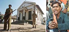 Armed policemen guard a 165-year-old church in Surat on Monday, following threats of attack on Christians by activists of the Bajrang Dal. (RIGHT) An activist of the dal brandishes his "trishul" during an anti-Christianity missionary protest on Monday. AP/PTI