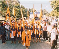 A procession organised in connection with the birth anniversary of Guru Nanak Dev in Chandigarh on Monday. 