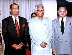 The Indian Defence Minister, Mr George Fernandes, with the Defence Secretaries of India and Pakistan