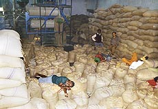 Milling machines lie idle as workers sleep on unlifted rice stocks at a sheller in Ambala