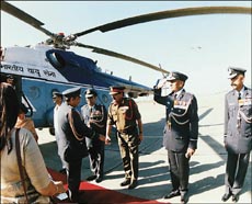 The Chief of Air Staff, Air Chief Marshal S. K. Sareen , being welcomed at Air Force Station, Chandigarh, on Tuesday. 