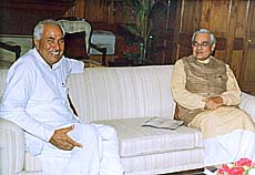 Indian National Lok Dal leader, Mr Om Prakash Chautala (left), meets the Prime Minister, Mr Atal Behari Vajpayee.