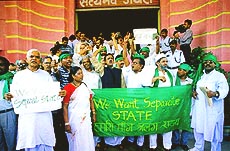 MLAs of Jharkhand Mukti Morcha demonstrating for a separate state before a debate in the Bihar Assembly on the issue of Vananchal. —PTI photo.