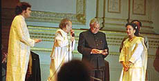 Prime Minister Atal Behari Vajpayee releases the first CD of Anuska Shankar, daughter of Pandit Ravi Shankar, at the Ravi Shankar concert in New York