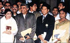 Lata Mangeshkar with Javed Akhtar and sports persons Sachin Tendulkar and K Malleshwari after being conferred the Padma awards.