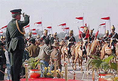 The Chief of the Army Staff, General V.P. Malik, taking the salute at the Army Day parade in New Delhi on Saturday. — PTI