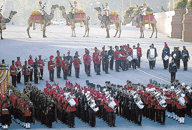 A military band marches at Vijay Chowk during Beating The Retreat ceremony in New Delhi on Saturday.