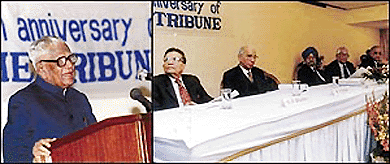 R. Venkataraman, a former President of India, delivers the address at the 119th anniversary celebrations of The Tribune at Hotel Shivalikview in Chandigarh on Sunday. Seated (from left) Mr S.D. Bhambri (General Manager of The Tribune), Justice R.S. Pathak, Mr R.S. Talwar and Mr R.P. Bambah (all Trustees of the Tribune Trust) and Mr Hari Jaisingh (Editor, The Tribune). — Tribune photos by Gautam Singh