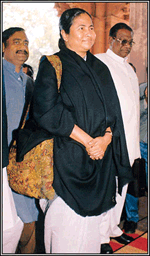 Railway Minister Mamata Banerjee enters Parliament House to present the Railway Budget on Friday.