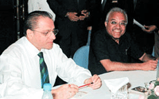 President of International Cricket Council (ICC) Jagmohon Dalmya (L) sits beside his Indian counterpart A.C.Muthiah, the president of the Board of Control for Cricket in India (BCCI).