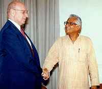 Defence Minister George Fernandes with the United States under Secretary of State Thomas pickering in New Delhi on Wednesday.