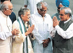 Prime Minister Atal Behari Vajpayee being seen off by Cabinet colleagues George Fernandes, M. M. Joshi, and L. K. Advani from the Air Force Station, Palam, on Sunday.
