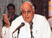 Jammu and Kashmir Chief Minister Farooq Abdullah addresses the state assembly during the special autonomy session in Srinagar