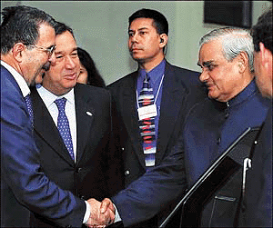 Prime Minister Atal Behari Vajpayee is greeted by European Commission President Romano Prodi and Portuguese Prime Minister Antonio Guterres on his arrival at the EU-India meeting in Lisbon on Wednesday.
