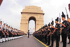 Defence personnel line up at India Gate to pay their homage to the Kargil martyrs on the occasion of Vijay Divas in Delhi on Wednesday.