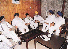 Mr Parkash Singh Badal, President of the Shiromani Akali Dal, and other senior party leaders at the Political Affairs Committee meeting at Punjab Bhavan in Chandigarh on Sunday.