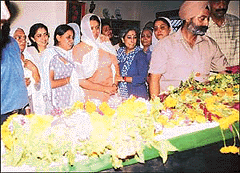 Members of the family of Brig B.S. Shergill, who was killed in a landmine blast in Kupwara district on Monday, pay their last respects at his residence in Chandigarhs Sector 47 on Tuesday.