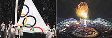 The Olympic flag is hoisted during the opening ceremony of the Olympic Games on Friday at Sydney.