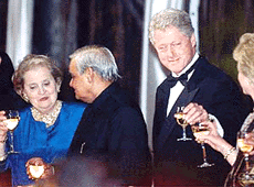 Secretary of State Madeleine Albright, President Bill Clinton and Mrs Hillary Clinton toast Prime Minister Atal Behari Vajpayee.