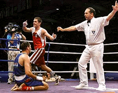Andri Fedtchouk of the Ukraine celebrates after the result of his fight against Gurcharan Singh of India in their 71kg quarterfinals boxing bout at the Olympic Games in Sydney on Wednesday.