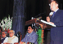 Russian President Vladimir Putin addresses the joint session of Parliament in New Delhi on Wednesday. Lok Sabha Speaker G.M.C. Balayogi, Vice-President Krishan Kant and Prime Minister A.B. Vajpayee are also seen in the picture.