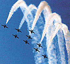 Kiran MK II aircraft perform aerobatics during air show rehearsals in Delhi on Thursday. The Indian Air Force celebrates its 68th anniversary on October 8.