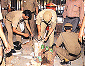 Police personnel inspect the site of bomb blast outside the Supreme Court in New Delhi on Tuesday.