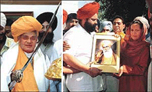 Prime Minister Atal Behari Vajpayee shows a sword presented to him by a Sikh delegation and (right) Congress President Sonia Gandhi receives a portrait of Guru Nanak Dev from a Sikh delegation on the occasion of Guru Nanak Devs birth anniversary in New Delhi on Saturday.