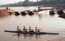Hong Kong rowers practise at Sukhna Lake, Chandigarh, on Wednesday.