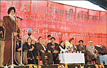Mr Surjit Singh Barnala, Governor, Uttaranchal, addresses the World Punjabi Conference which opened in Chandigarh on Friday.