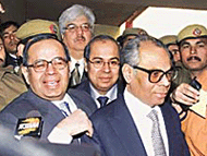 Mr G.P. Hinduja, Mr P.P. Hinduja and Mr S.P. Hinduja at the Tis Hazari courts after they appeared before the designated CBI court in the Bofors case, on Friday. 