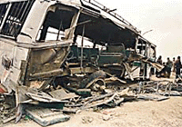 This is what remains of a bus after it ran over a landmine at the village of Tapper in Pattan, 27 km north of Srinagar, on Sunday.