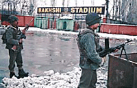Security forces keep a vigil around Bakhshi Stadium, the venue of the main R-Day function in Srinagar, on Tuesday.