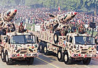 Indias surface-to-surface Prithvi missile on display at Rajpath during the full dress rehearsal of the Republic Day Parade in New Delhi on Tuesday.