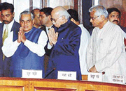 Prime Minister Atal Behari Vajpayee with Home Minister L.K. Advani and Defence Minister George Fernandes at an all-party meeting on the Gujarat earthquake in New Delhi on Saturday.