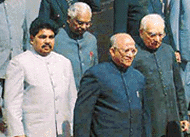 President K.R. Narayanan with Vice-President Krishan Kant and Lok Sabha Speaker G.M.C. Balayogi at the ceremonial procession at Parliament House to address both Houses of Parliament on the opening day of the Budget Session in New Delhi on Monday. 