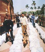 Security men check the Railway Budget papers in Parliament House on Monday.