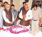 Prime Minister Atal Behari Vajpayee and Haryana Chief Minister Om Prakash Chautala after paying homage to former Deputy Prime Minister Devi Lal at his residence in New Delhi on Saturday.