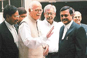 Union Home Minister L. K. Advani arrives at Vigyan Bhavan in New Delhi on Tuesday.