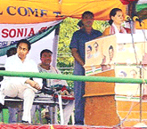 Congress President Sonia Gandhi addresses an election meeting in the trouble-torn town of Nalbari on Monday.