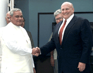 Prime Minister Atal Behari Vajpayee shakes hands with US Deputy Secretary of State Richard Armitage in New Delhi on Friday. 