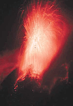 Lava explodes from the Mount Mayon volcano in an 800 metre fountain on Sunday in Legazpi, about 600 km north of Manila.