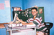 The pharmacist posted at a Nagrota migrant camp medical aid centre shows the poor condition of the blood pressure machine at the centre.