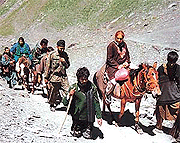A physically handicapped Mahadev, (30), from Rajasthan on his way to the holy cave shrine of Amarnath, as pilgrims along the way have started to pour in ahead of the annual month-long pilgrimage, formally to begin in south Kashmir from Wednesday. 