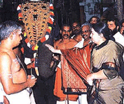Tamil Nadu Chief Minister Jayalalitha offers an elephant, 12-year Kannan, rechristened Krishna, to the world famous Sri Krishna Temple at Gurvayoor, Kerala, on Monday. 