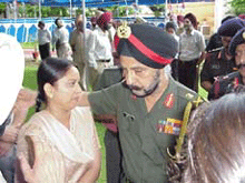 Lieut-Gen Surjit Singh, GOC-in-C, Western Command, listens to the problems of war widows at the district Sainik Welfare office in Jalandhar on Tuesday.